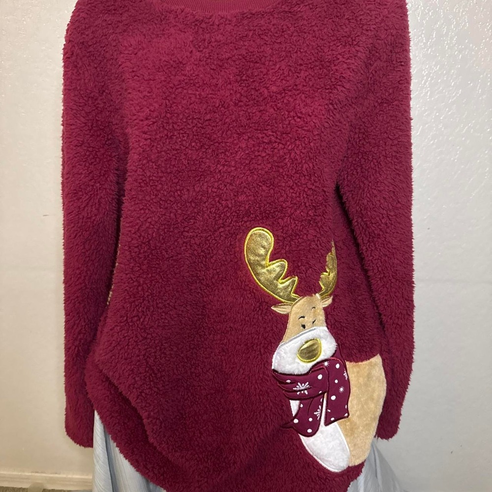 Burgundy Christmas Reindeer Sweater with embroidered reindeer